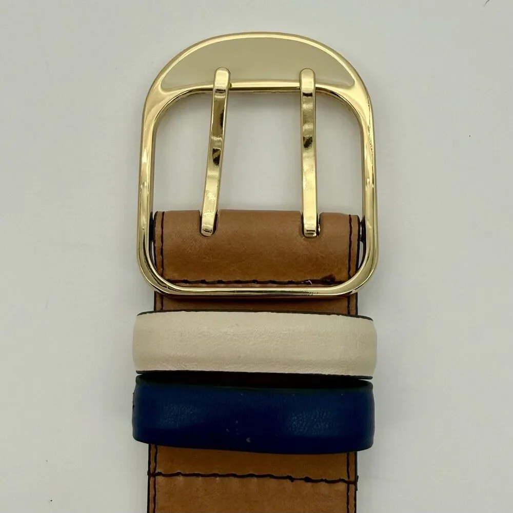 ANN TAYLOR Belt Women's S Brown Leather Blue Cream Double Gold Tone Buckle READ